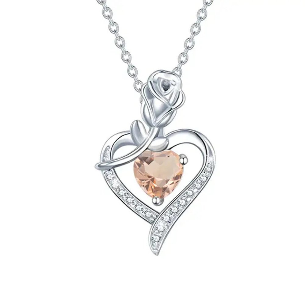 New Rose & Heart Shape Inlaid Shiny Zircon Elegant November Birthstone Necklace